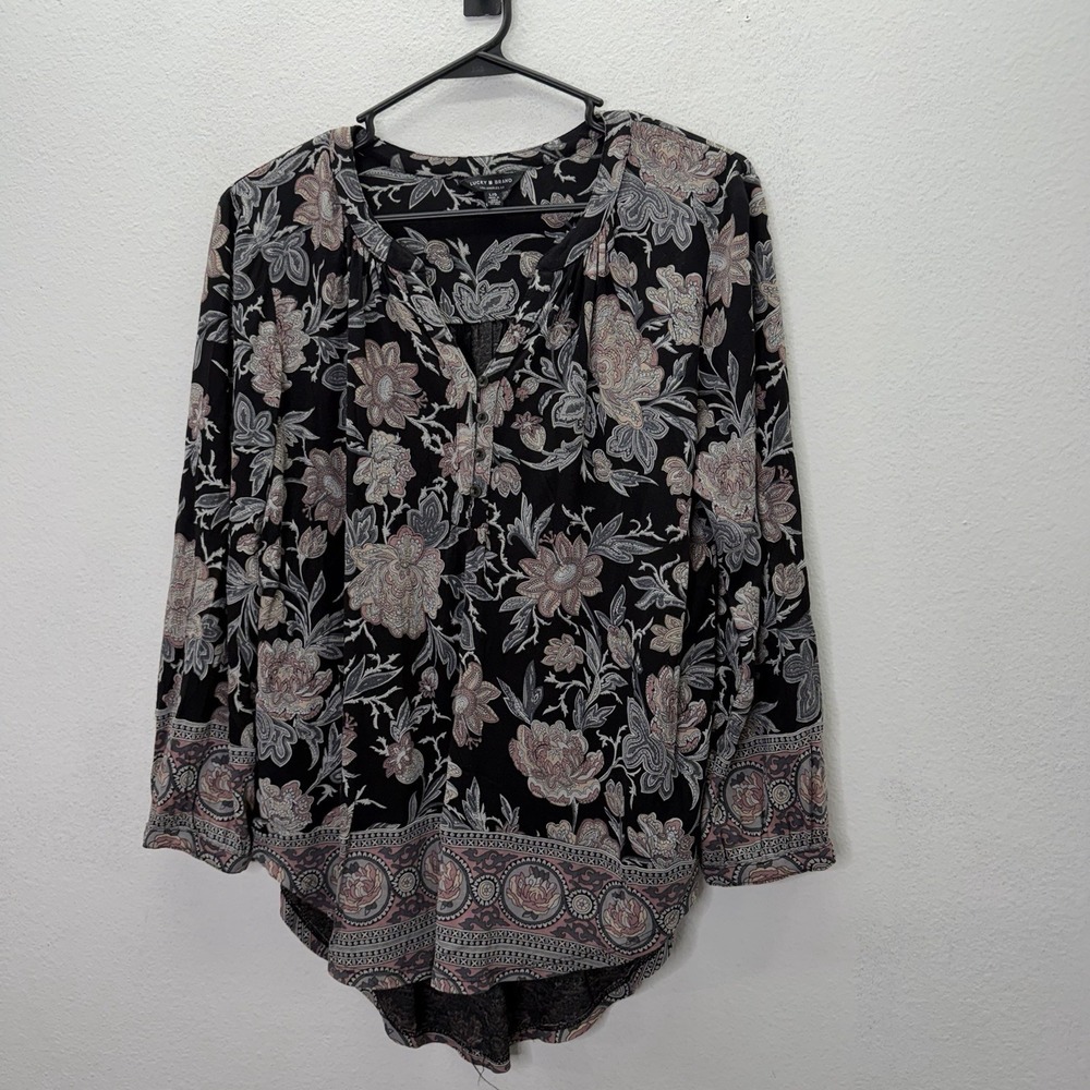 Lucky Brand Floral Paisley Blouse L Boho Cottagecore V Neck Long Sleeve Soft